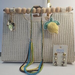 Haute Hippie Cream Woven Clutch- Wooden Beads/ Lemon Accent, Keychain, Earrings‎